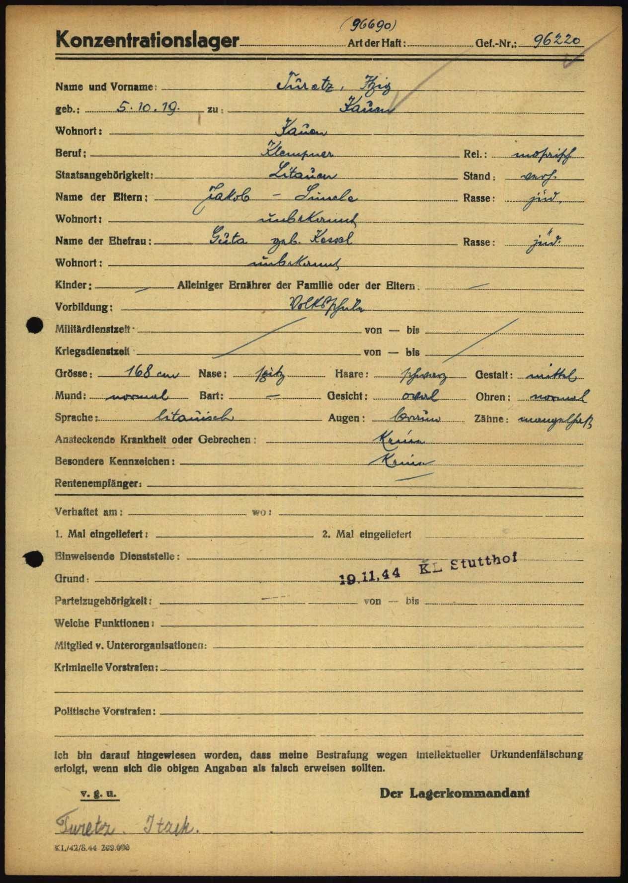 Itzik Prisoner Personnel Card from the Stutthof concentration camp