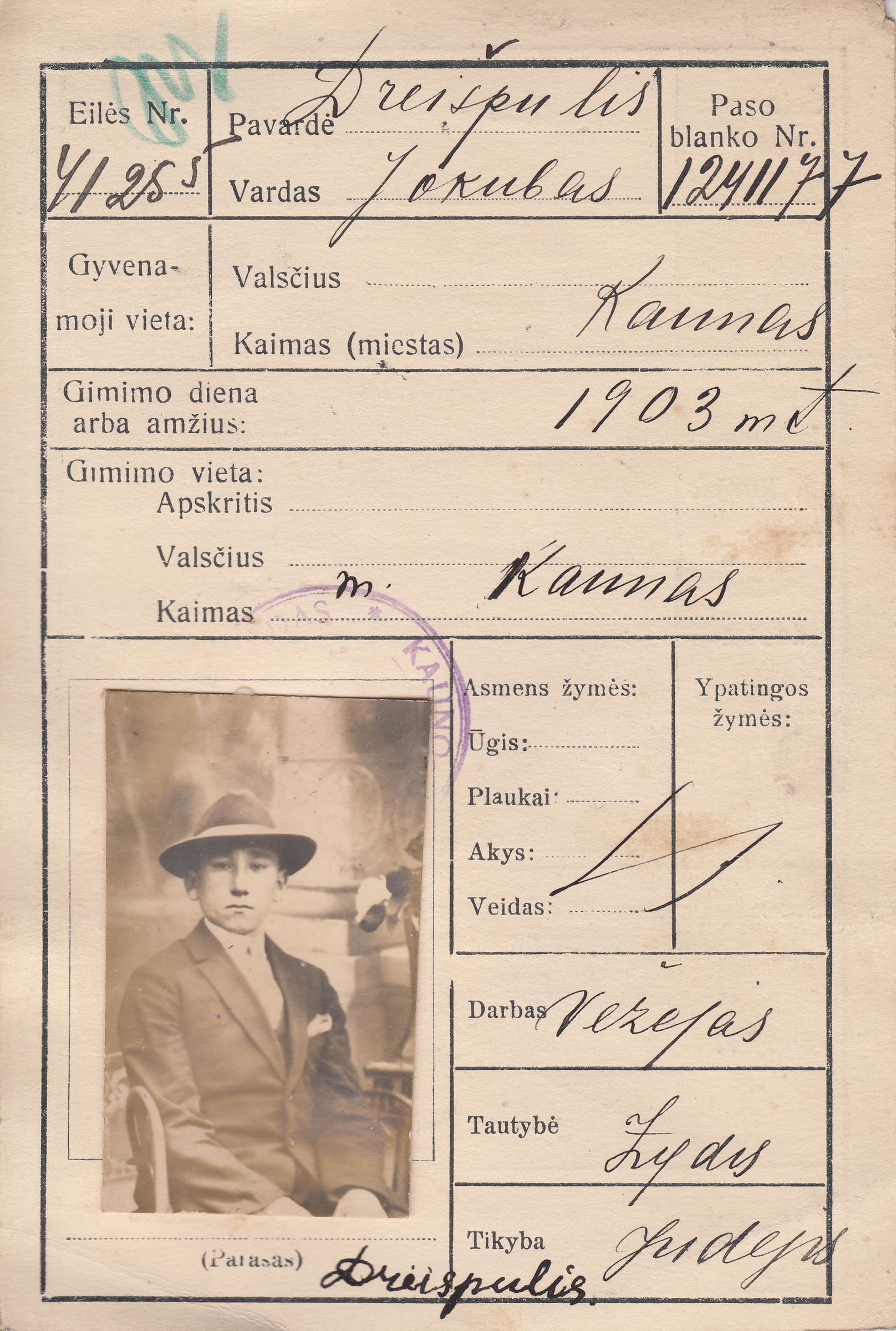 Yankel Dreispulis Passport application 1924