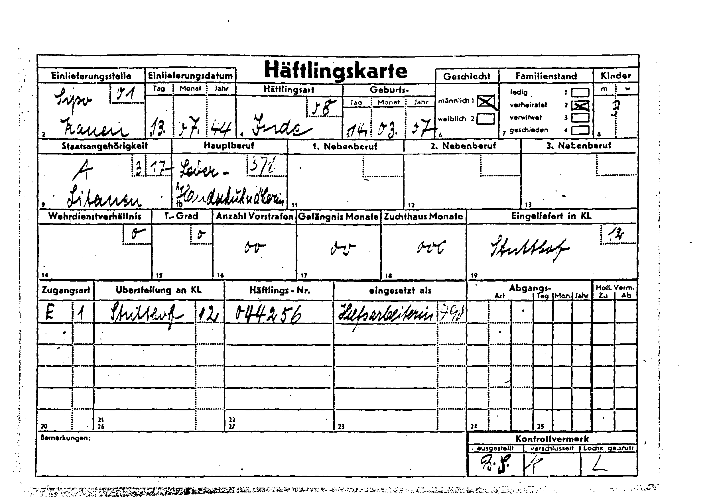 Stutthof worksheet card
