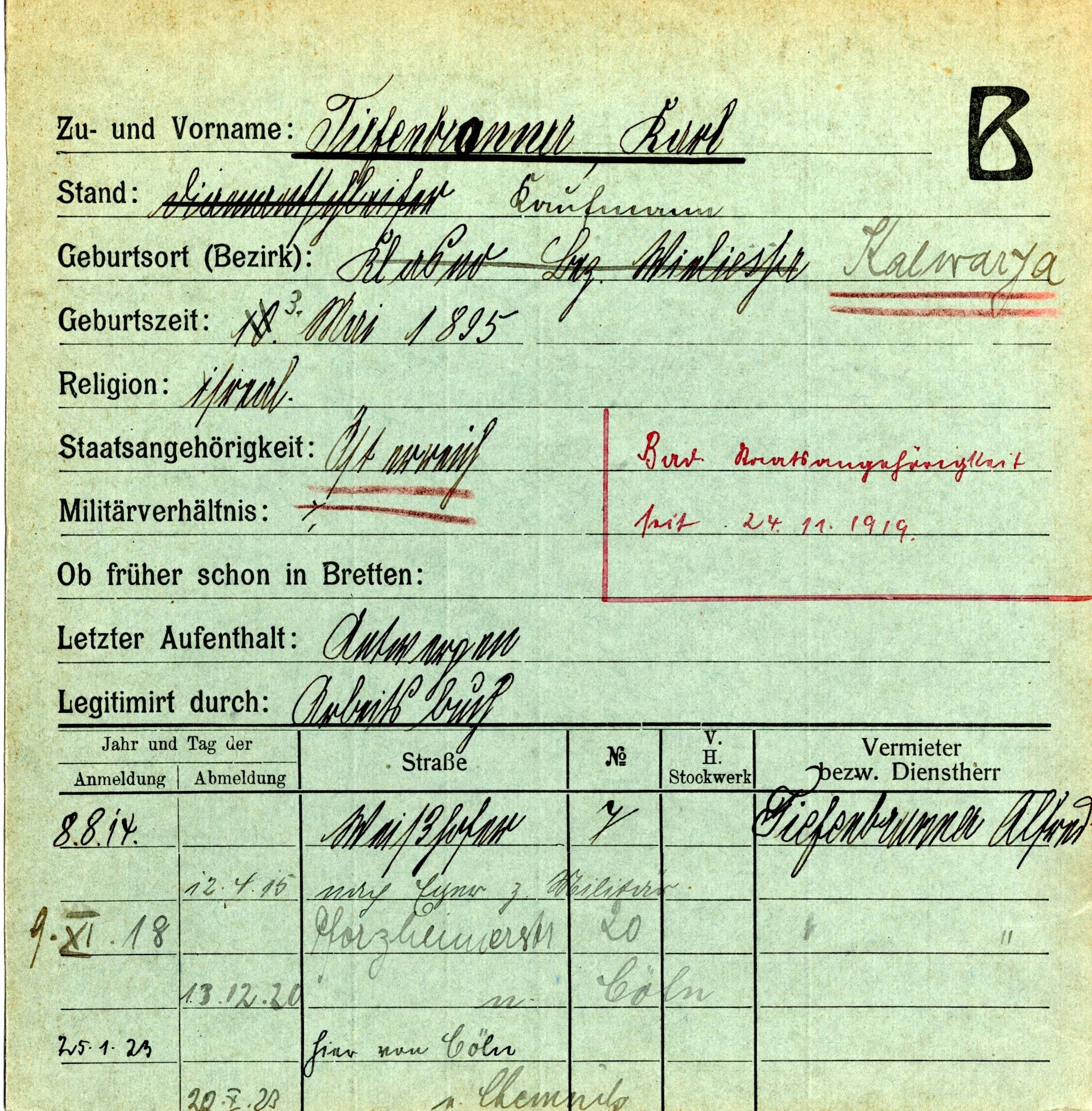 Karl Tiefenbrunner German registration card