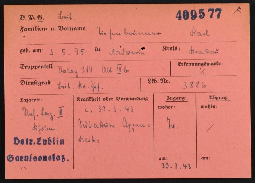 German Medical Record Card (Lazarettkarte) a