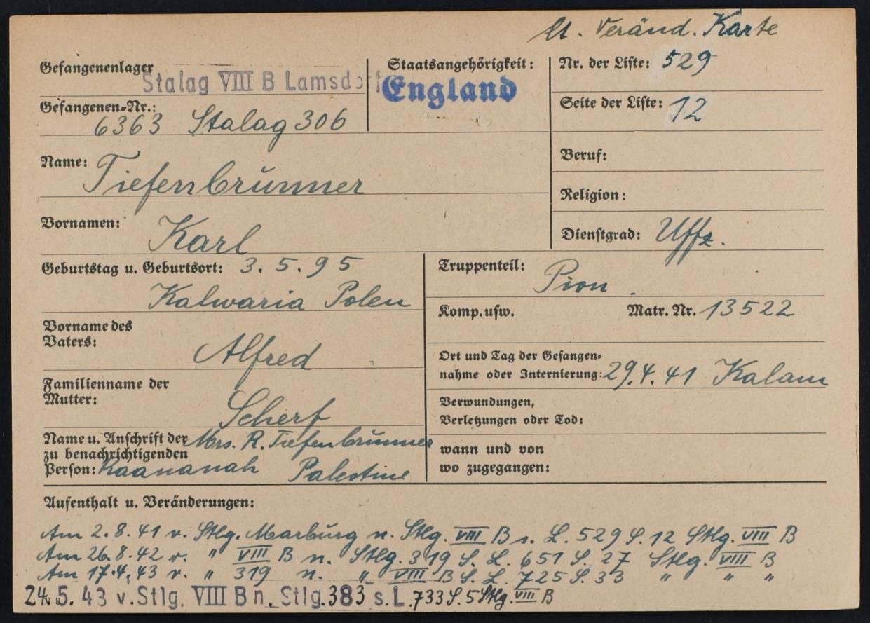 German Prisoner of War (POW) registration card a