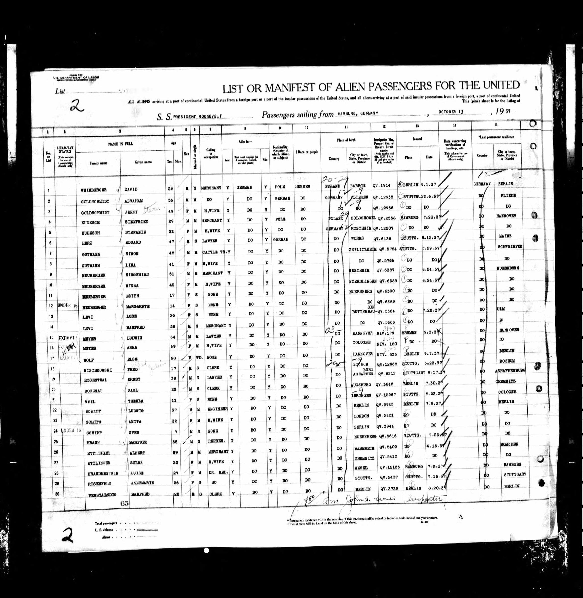 Passenger manifest for the S.S. President Roosevelt