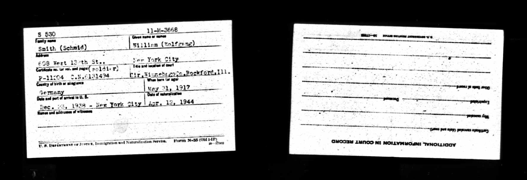 U.S. Naturalization Index Card