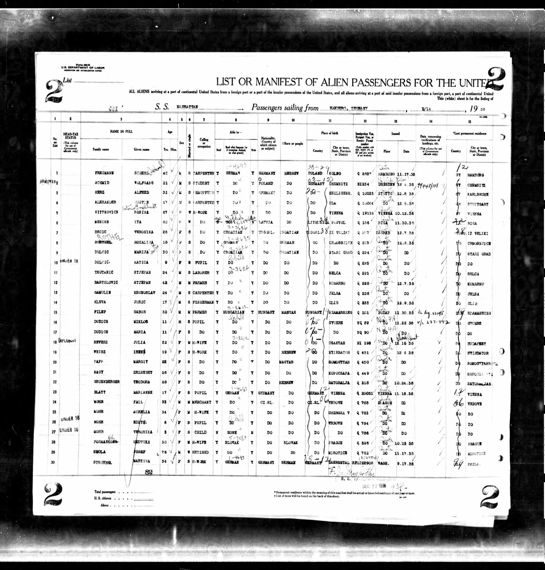 Manifest of Alien Passengers for the S.S. Manhattan