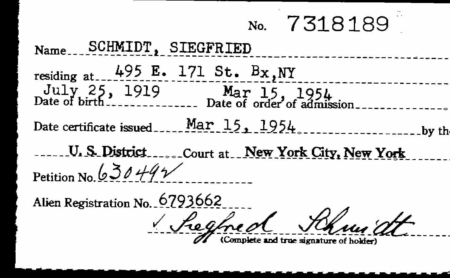 naturalization record for Siegfried Schmidt