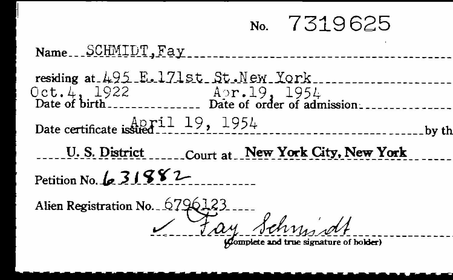 Certificate of Naturalization index card