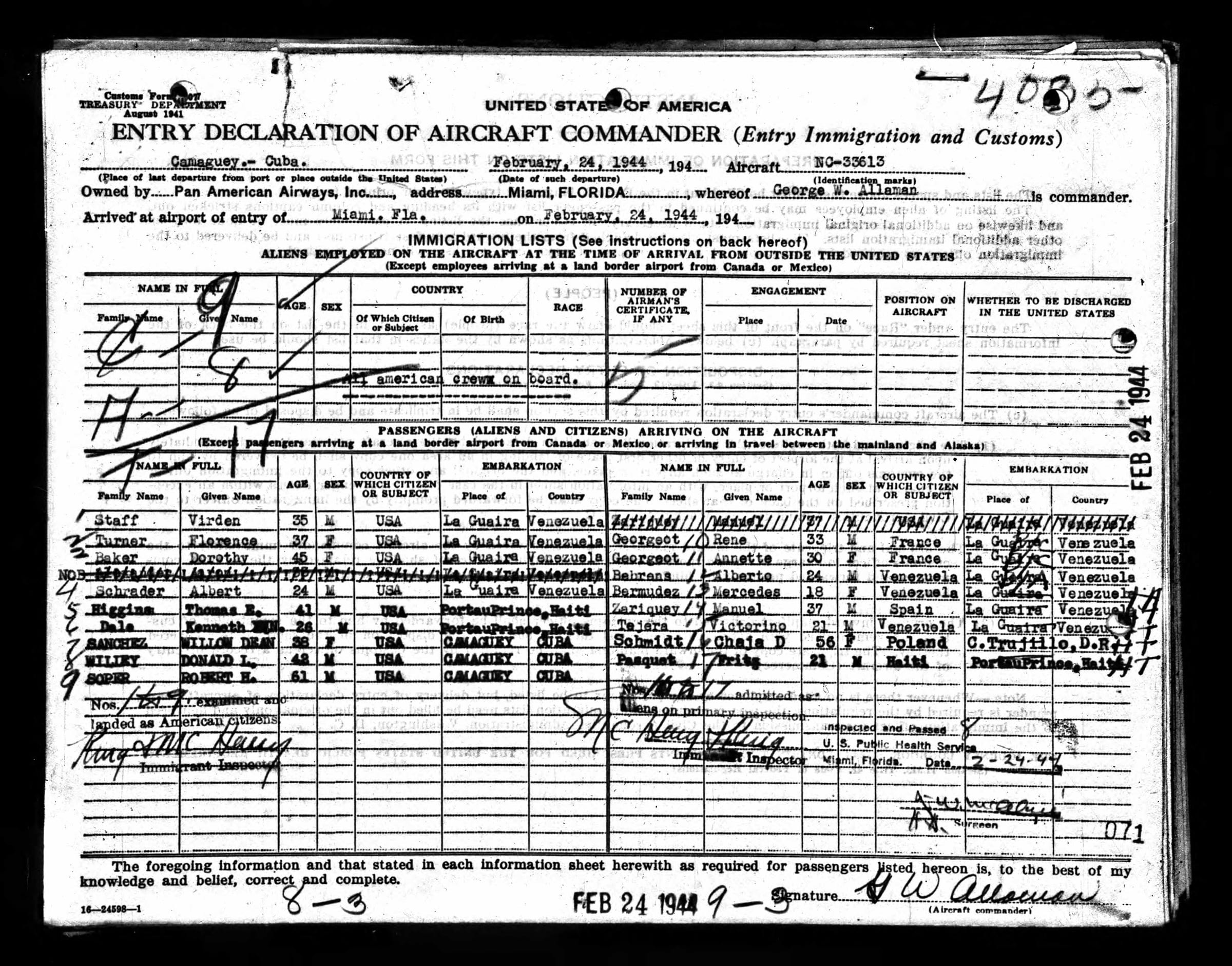Declaration of Aircraft Commander form from February 24, 1944