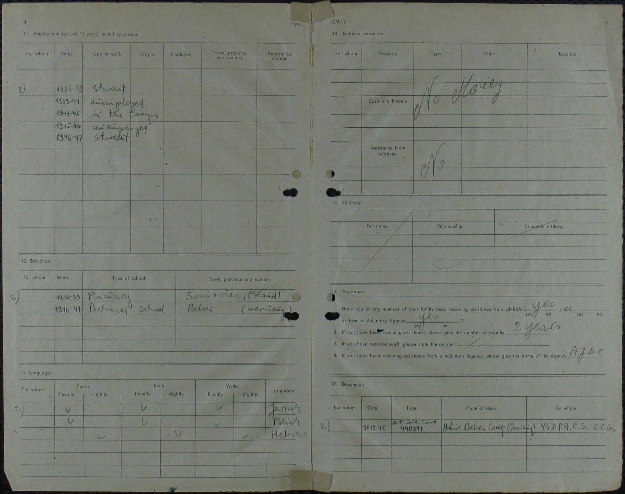 Registration card for a displaced person in post-WWII Germany 3