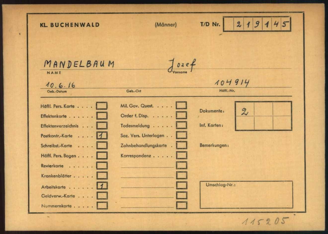 A concentration camp prisoner record card from KL Buchenwald