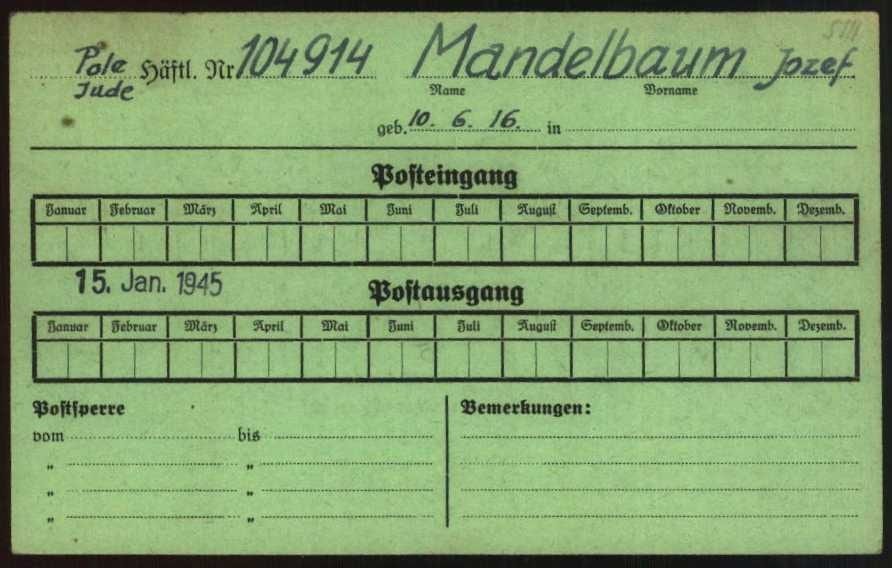 A Nazi concentration camp prisoner mail control card
