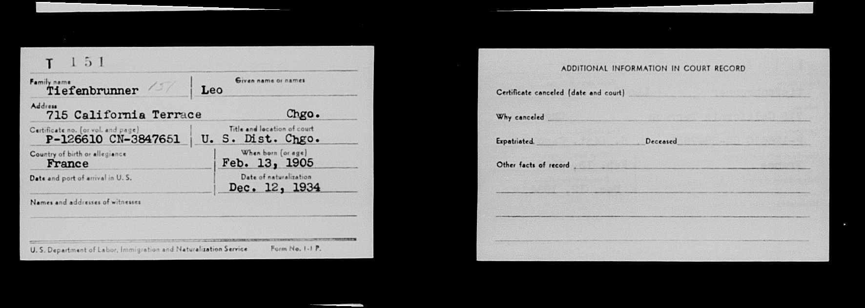 US Naturalization Record Index, Northern Illinois