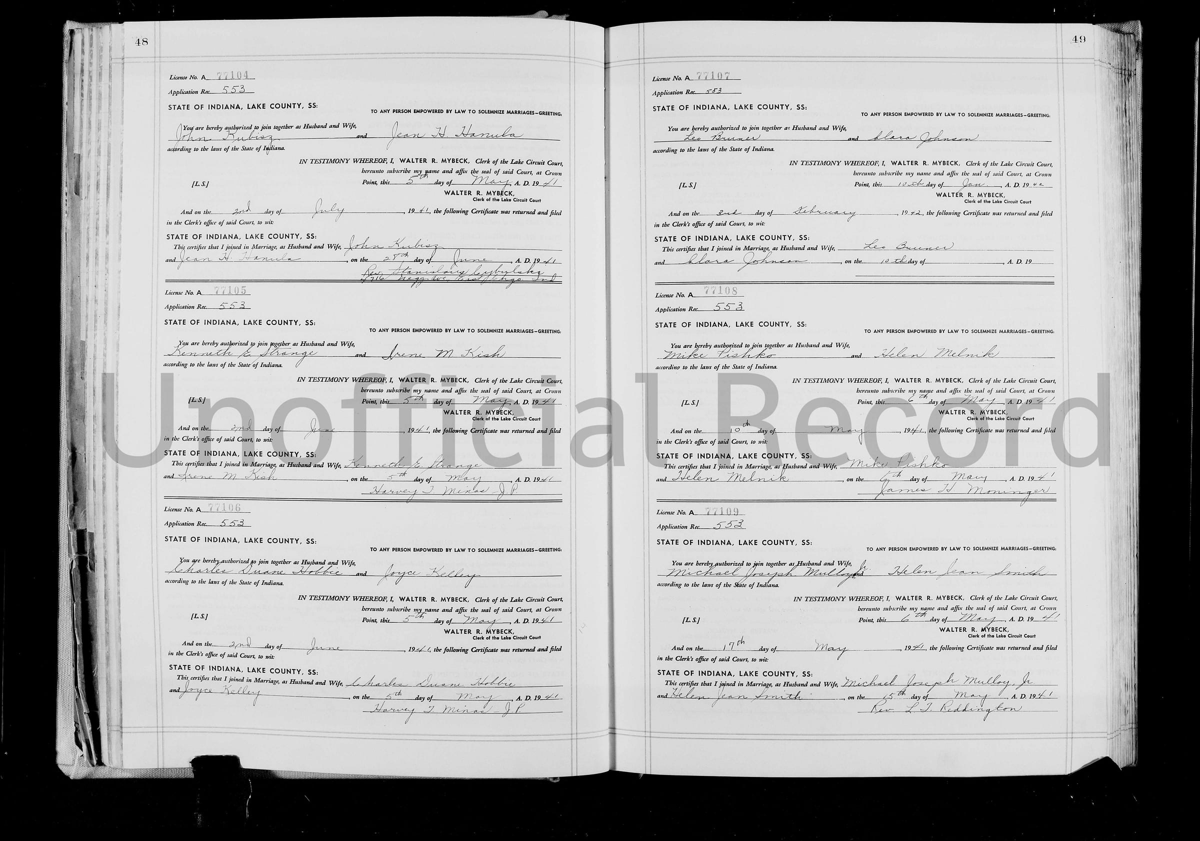 Marriage record Leo and Clara