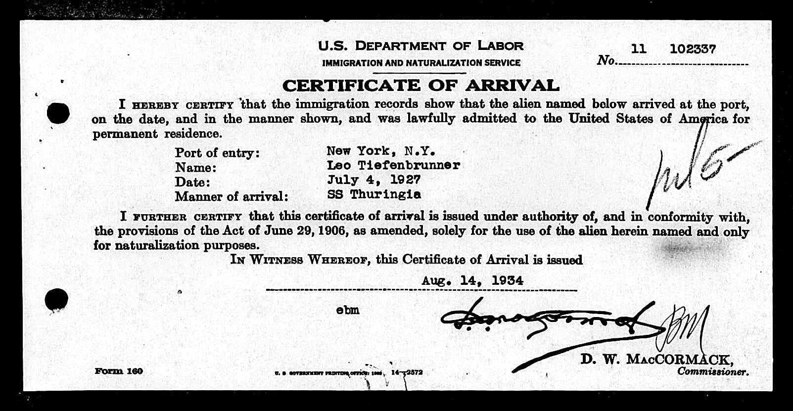 Certificate of Arrival