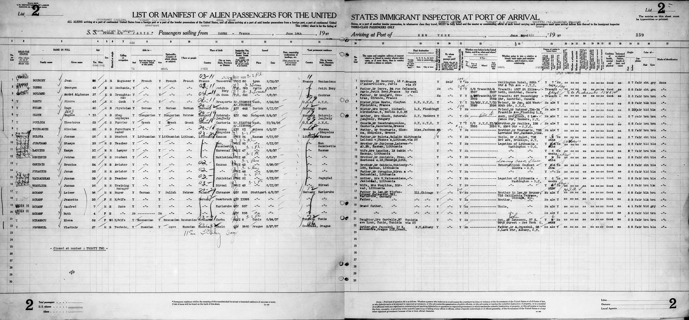 Ellis Island and Other New York Passenger Lists, 1820-1957 - Jeanette Scharf Ship- ParisArrival- 1937Line- 18