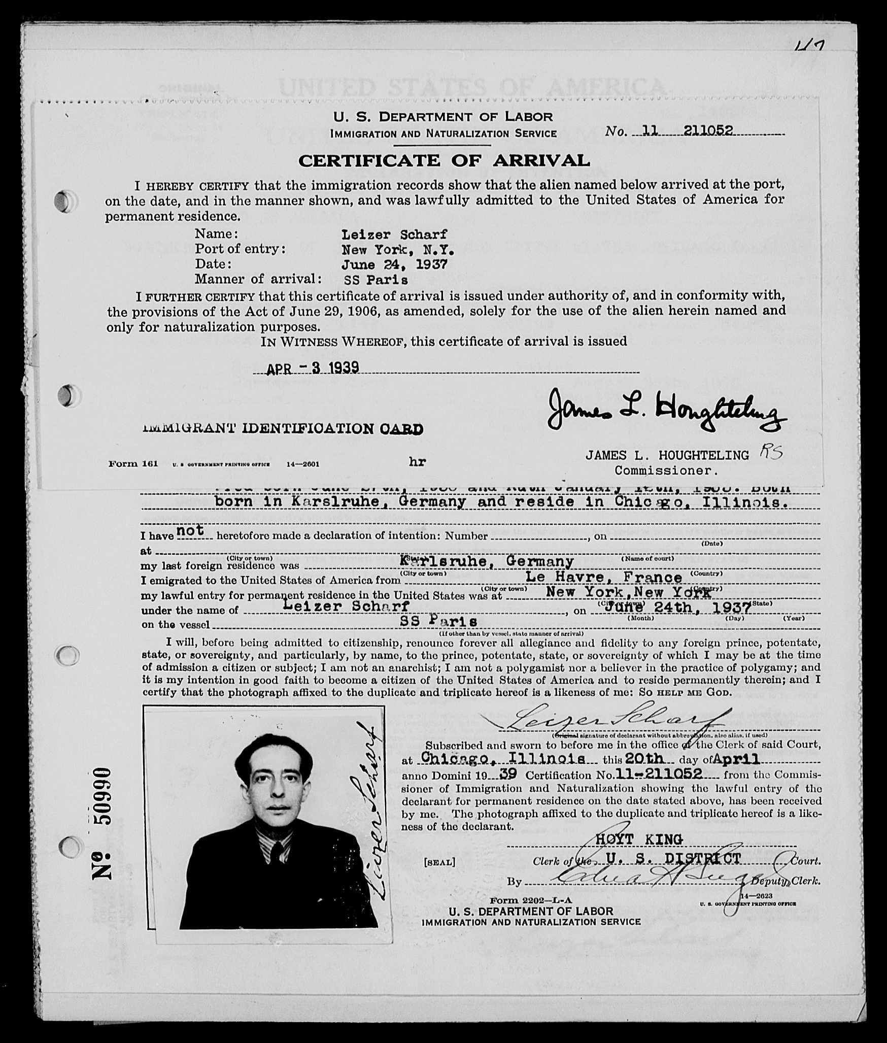 Illinois. Certificate of Arrival 1943 Leo