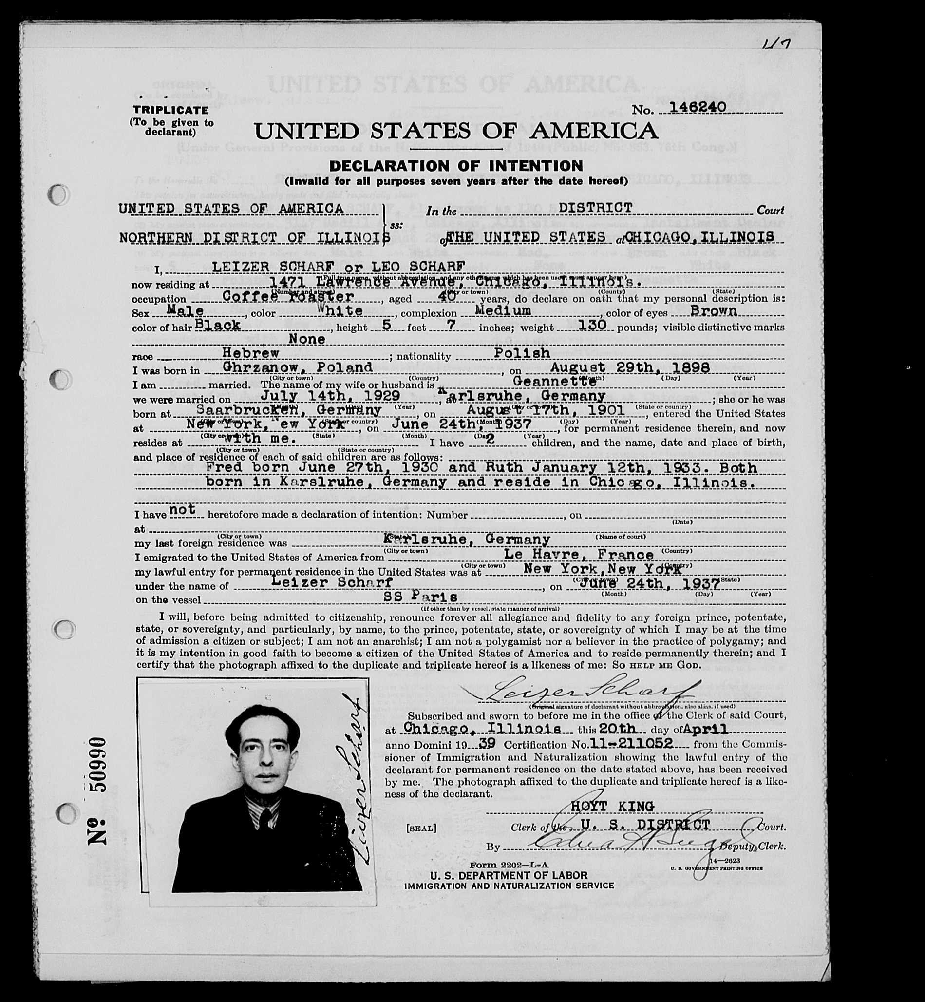 Illinois. Declaration of Intention 1943 Leo