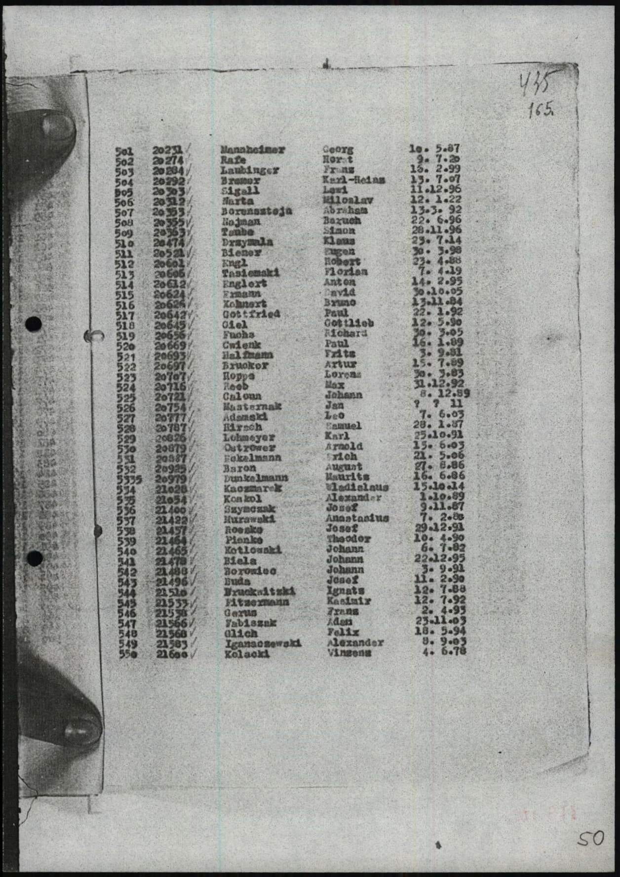 Transport lists of CC Sachsenhausen to unknown destinations 7.8.1941 and to CC Dachau 1940
