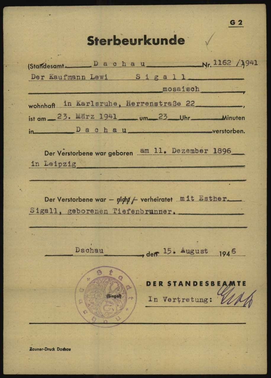 Sterbeurkunde (Death Certificate) for Lewi Sigall 