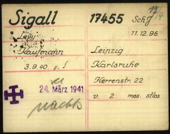 Prisoner or registration index card