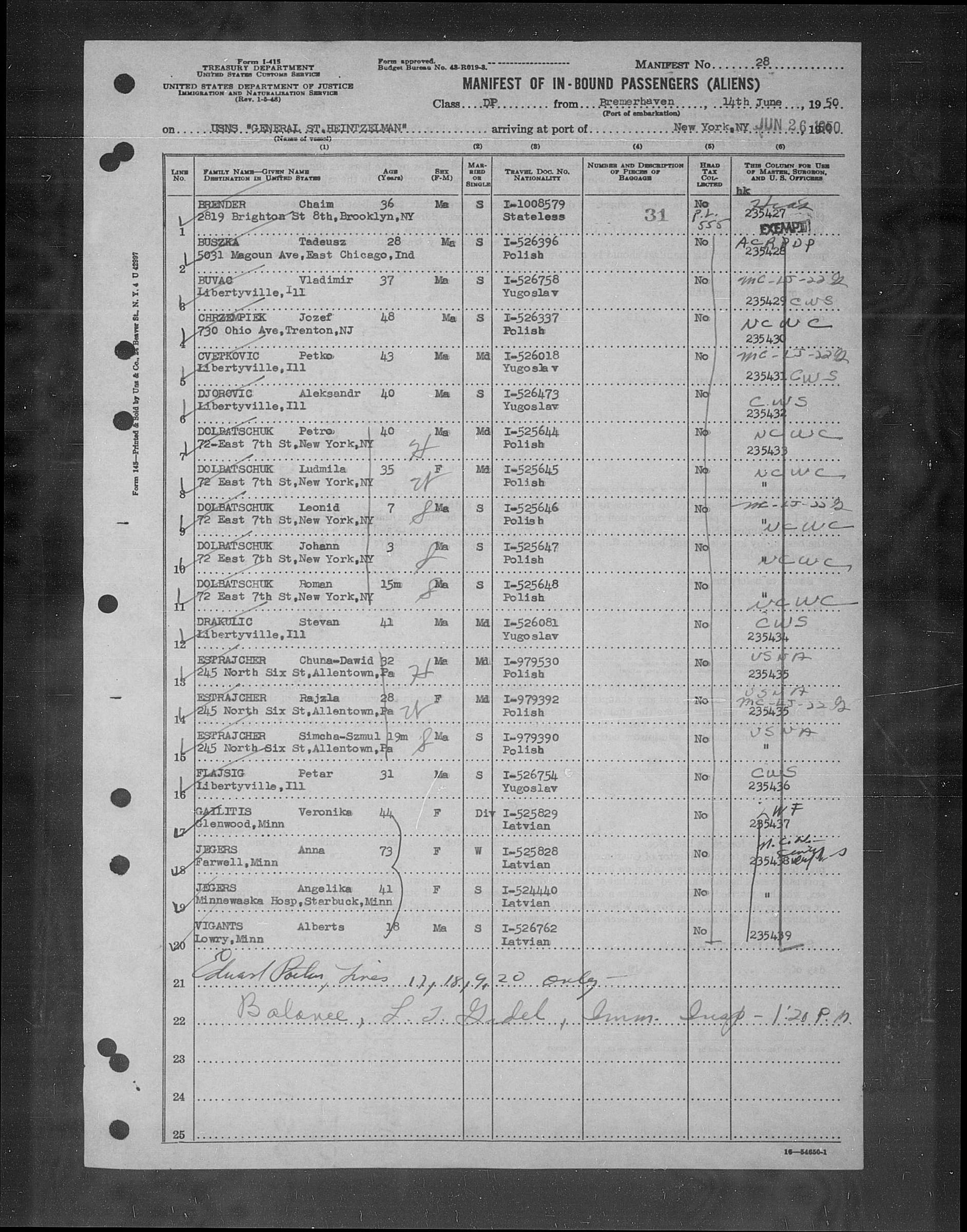 Displaced Persons (DP) ship manifest from June 1950