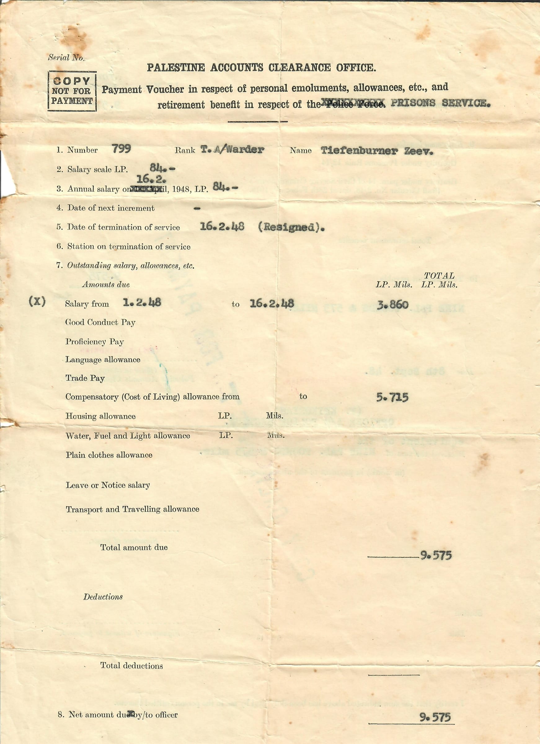Warden - final payment due to resignation