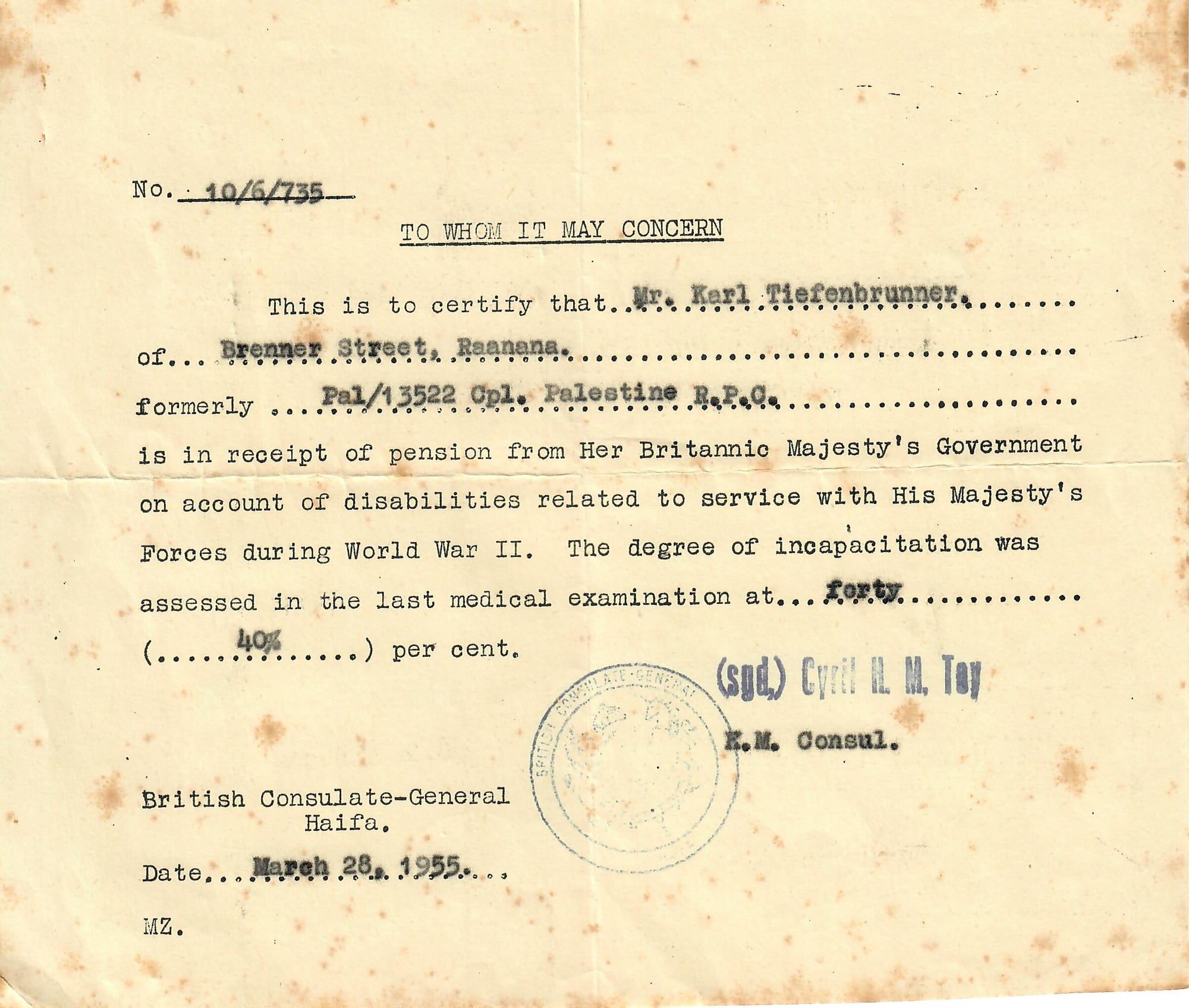British disability pension certificate issued to Karl Tiefenbrunner
