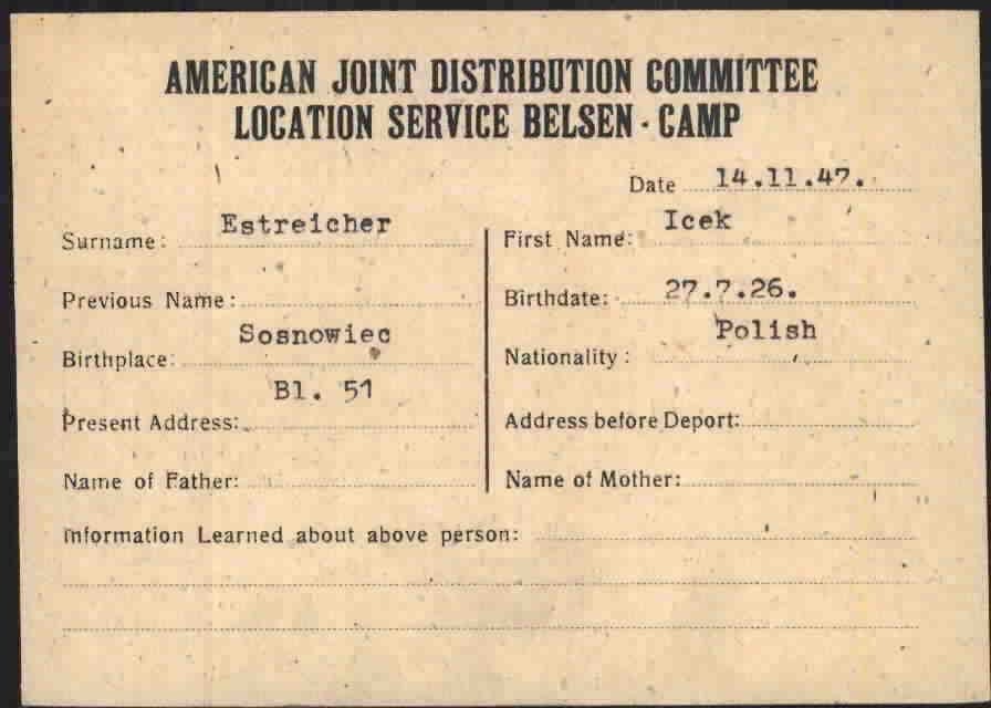 American Joint Distribution Committee (AJDC) Location Service at the Bergen-Belsen Displaced Persons (DP) camp