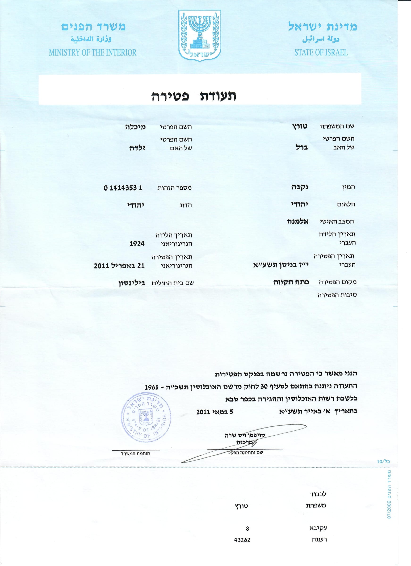 Mania's Death certificate