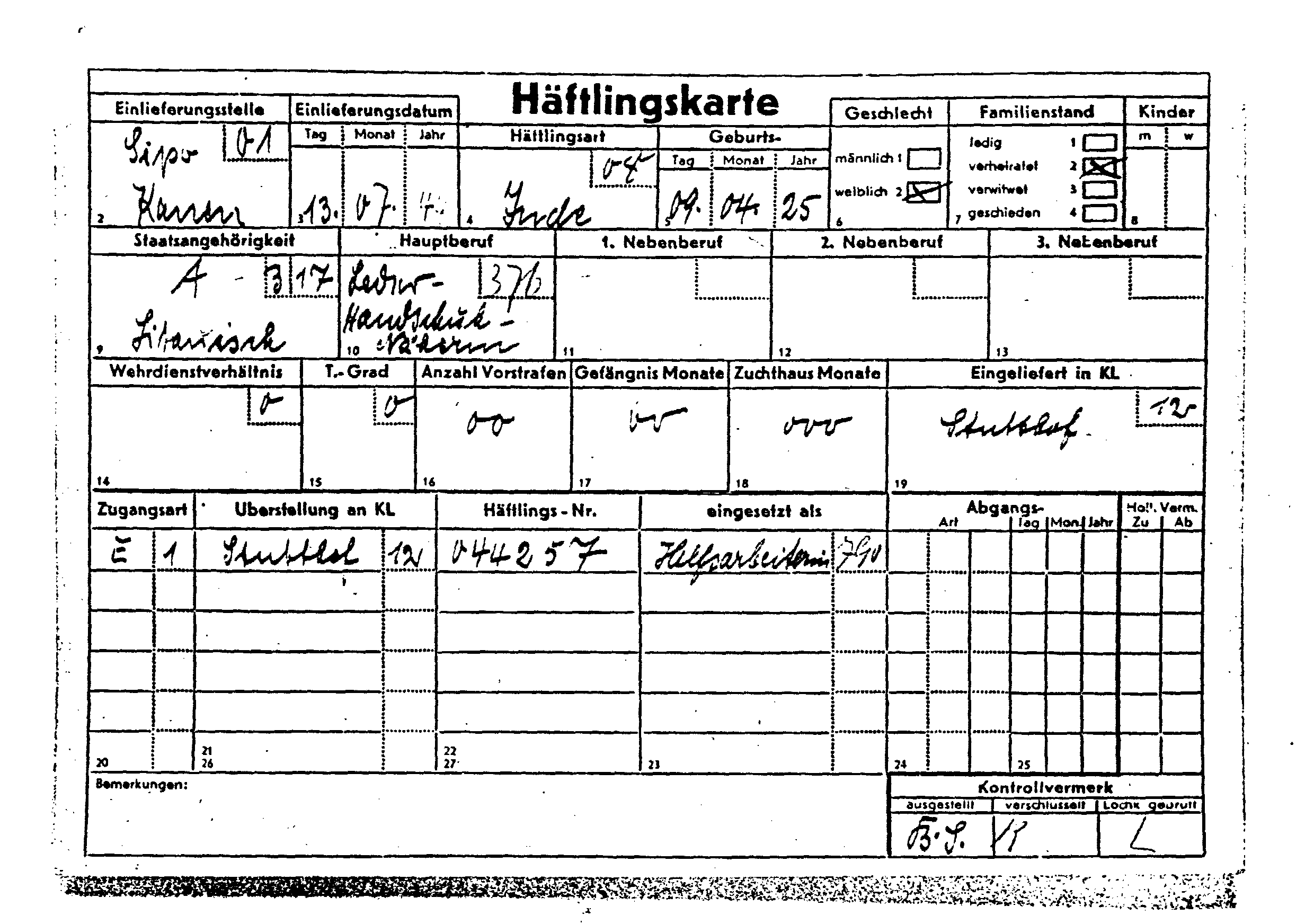 Detention Card
