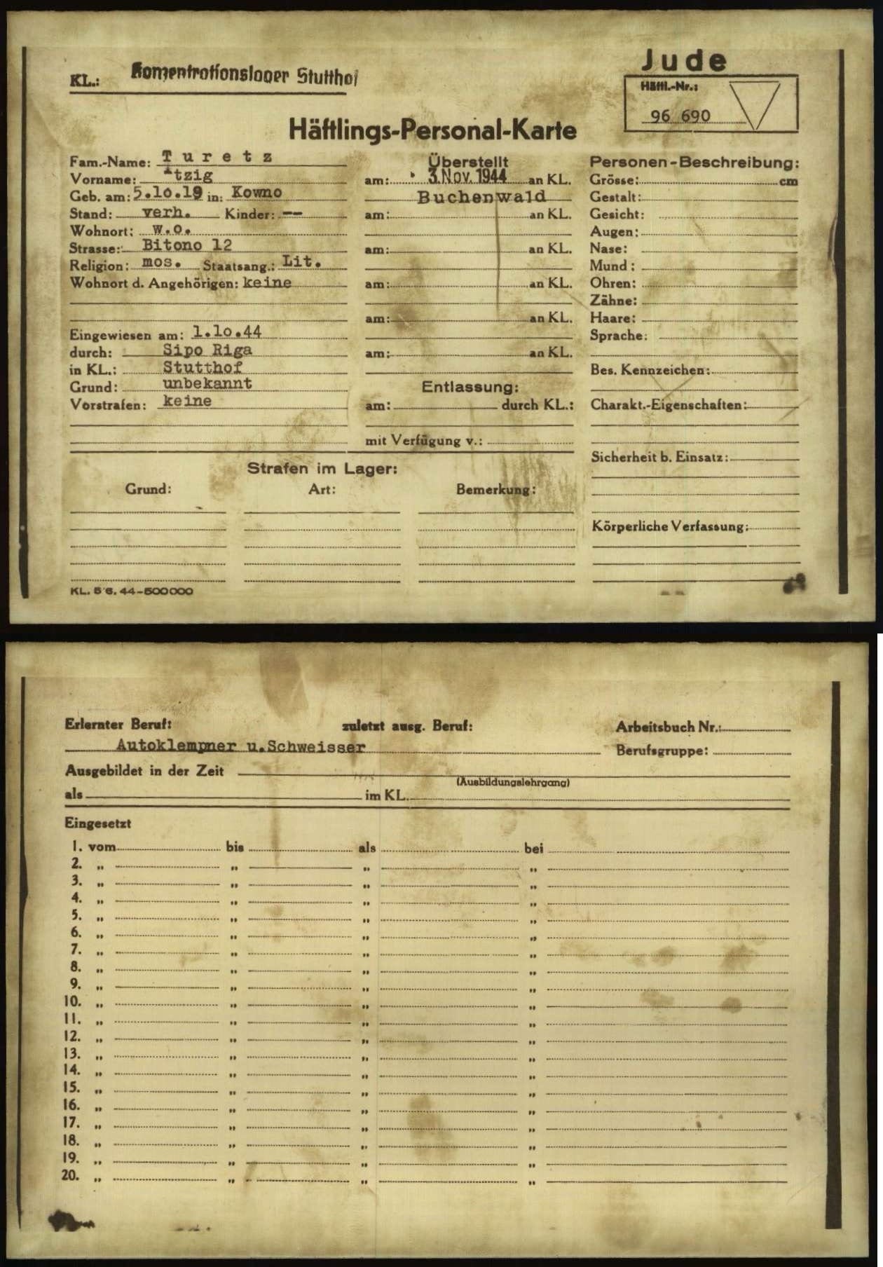 Prisoner registration card (Häftlings-Personal-Karte)