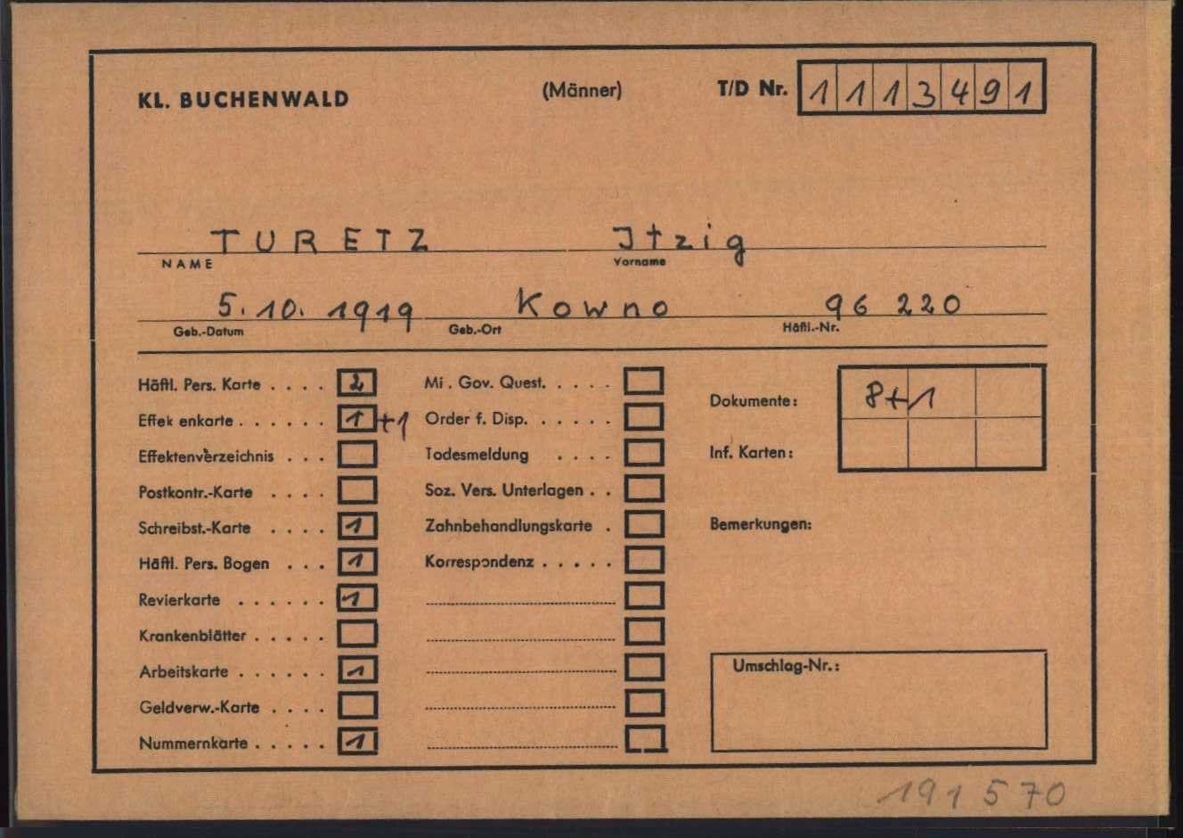 Nazi concentration camp document from KL Buchenwald