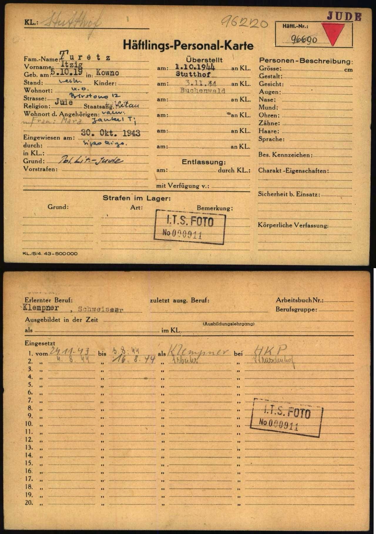 Prisoner personal card
