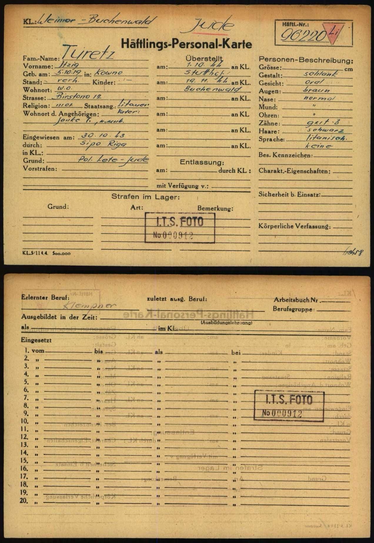 Prisoner personal card from KL Weimar-Buchenwald