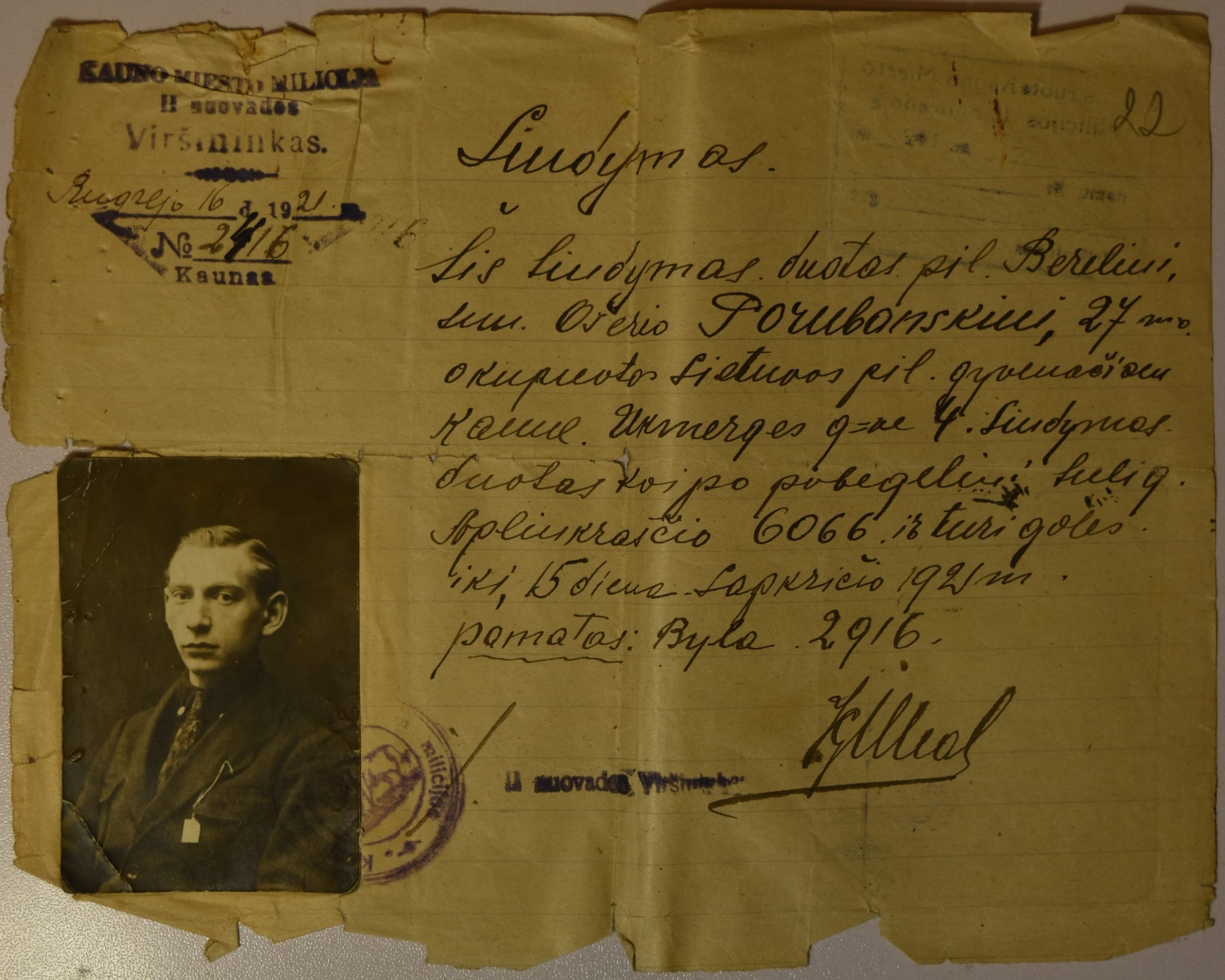 Certificate ("Liudymas") issued in lieu of a refugee certificate 19210916
