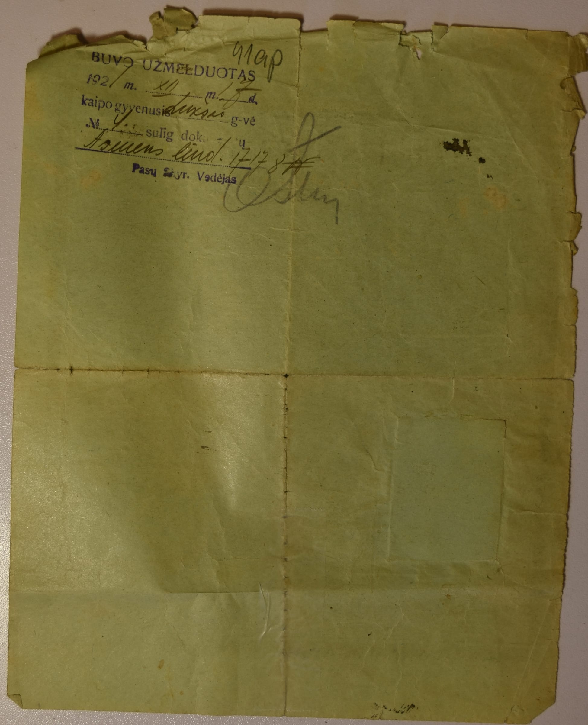 Residence Peremit 19270322 Reverse